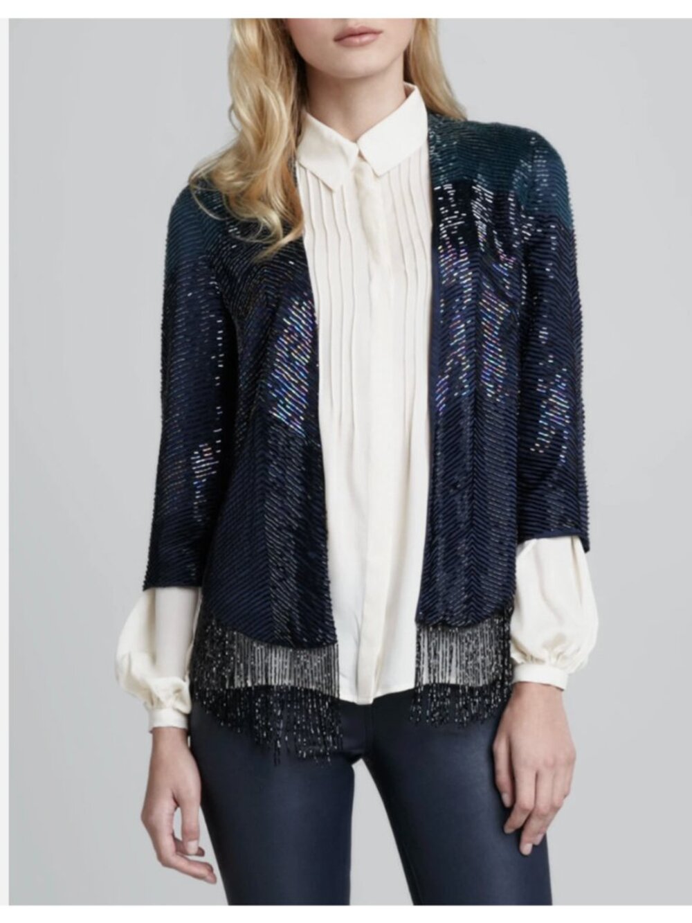 $1495 Haute Hippie Women Blue Open Front Flapper Fringe-Trim Beaded Jacket Small
